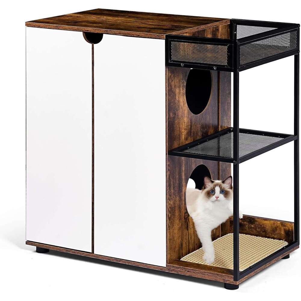 DOSSMBOLA Encloure For 2 Cat - Box Furniture, Encloed Litter Boxe, Cat Furniture Cabinet -White Brown