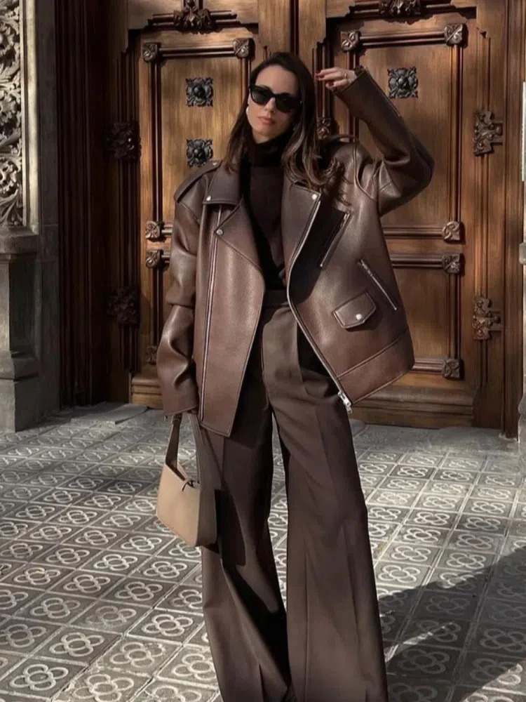 Street PU Leather Womens Jackets Lapel Long Sleeves Zipper Female Coats 2024 Autumn Motorcycle Casual Loose Lady Outwears 241129