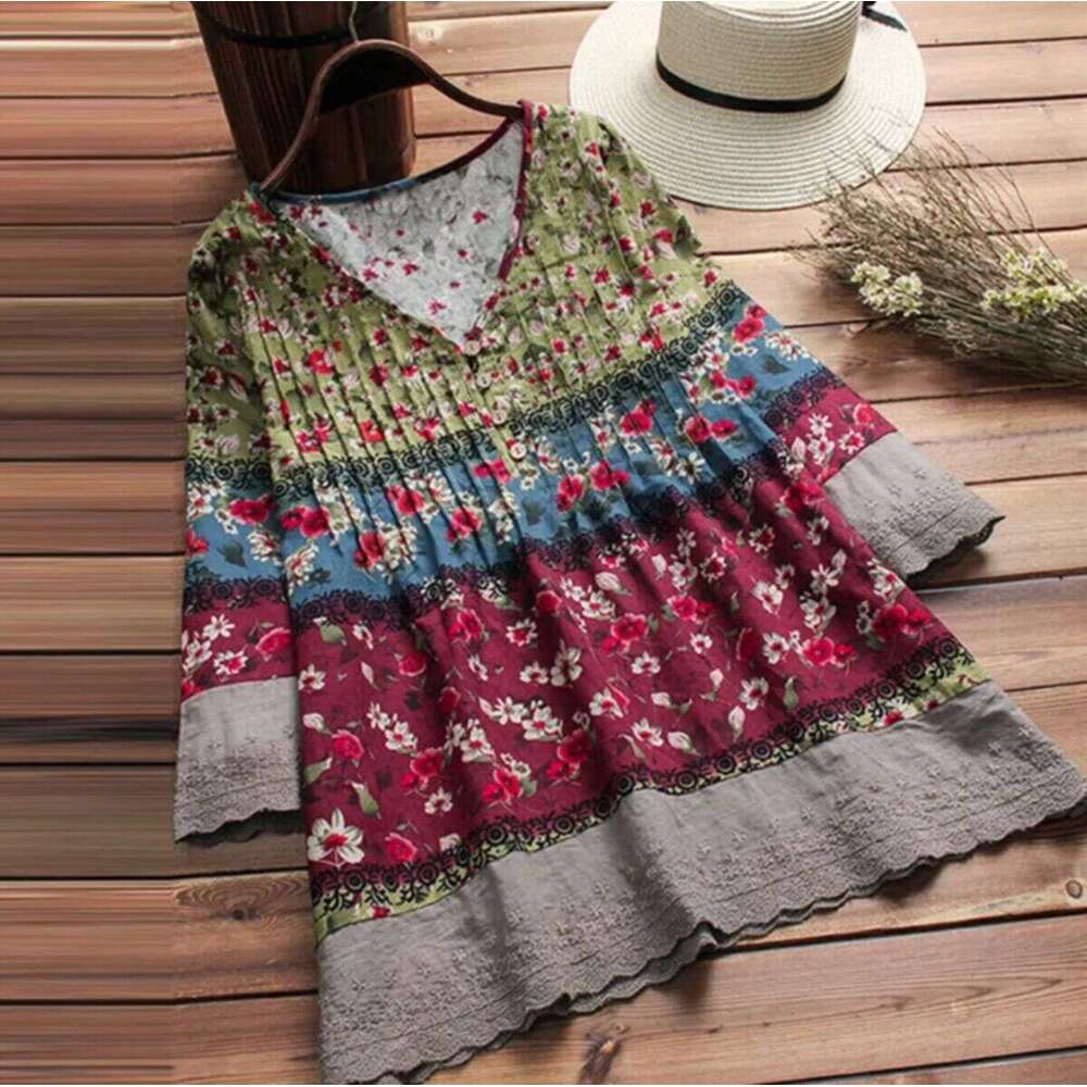 Bohemian Print Tops Women Lace Blouse 2019 Vintage Long Sleeve Shirts Female Patchwork Ral Blusa Plus Size En Tunic T200321 B2
