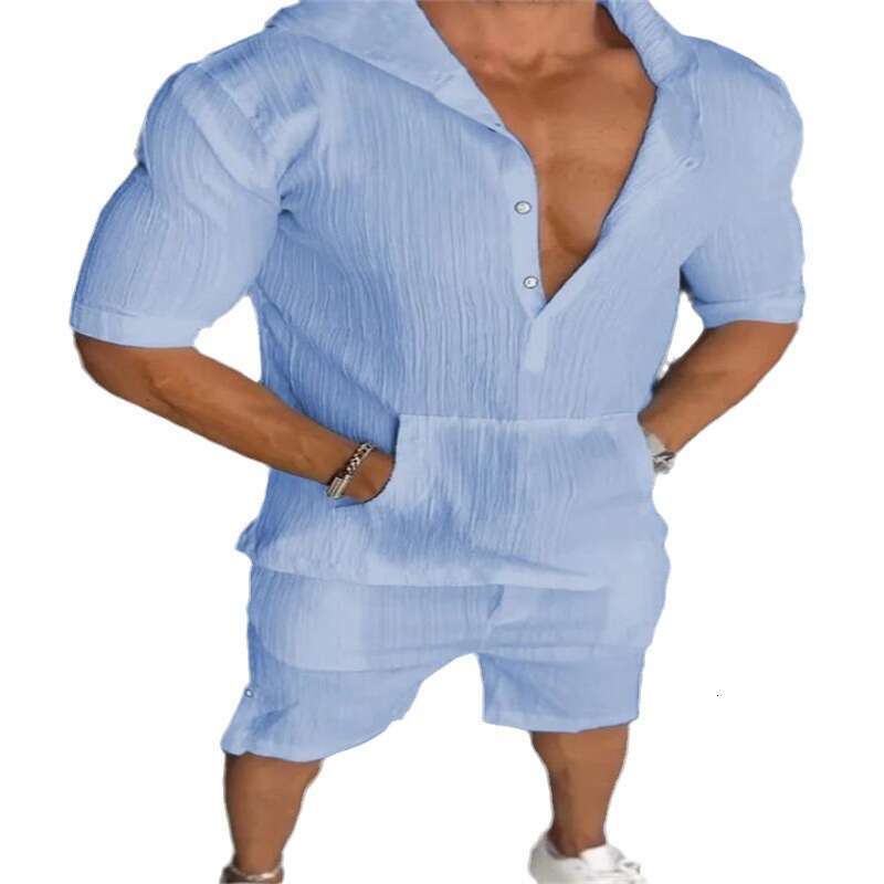 European And American Plus Size Casual Suit Men's Loose Short Sleeved Hooded Pocket Hoodie, Two Trendy Clothing Items With Fashionable Temperamen