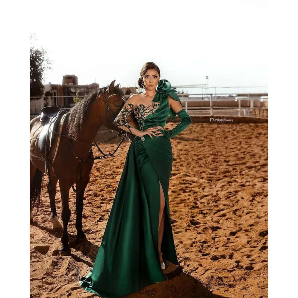 Size Aso Ebi Arabic Plus Green Mermaid Lace Prom Dresses Beaded Sheer Neck High Split Evening Formal Party Second Reception Gowns Zj