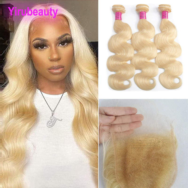 Malaysian Human Hair 613# Blonde Color Straight 3 Bundles With HD Closures 4 PCS/lot Double Wefts With Closures Free Part 10-32inch