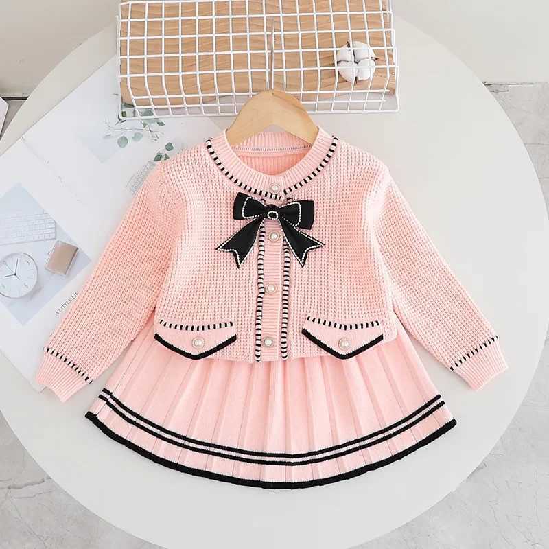 Clothing Sets Little bow knit sweater cardigan for girls+skirt Autumn and winter sweater cardigan two-piece set girls sweater Y241129FNNQ