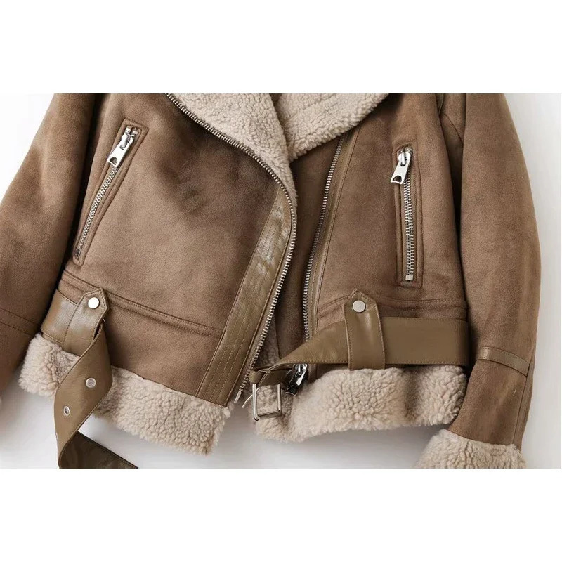 Women Winter Faux Shearling Sheepskin Leather Jackets Lady Thick Warm Suede Lambs Short Motorcycle Brown Coats 241129