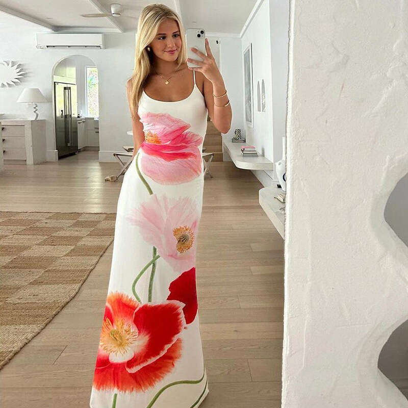 Spring Women's Fashion Print Hanging Strap Open Back Sexy Long Beach Dress Children's Spicy Girl