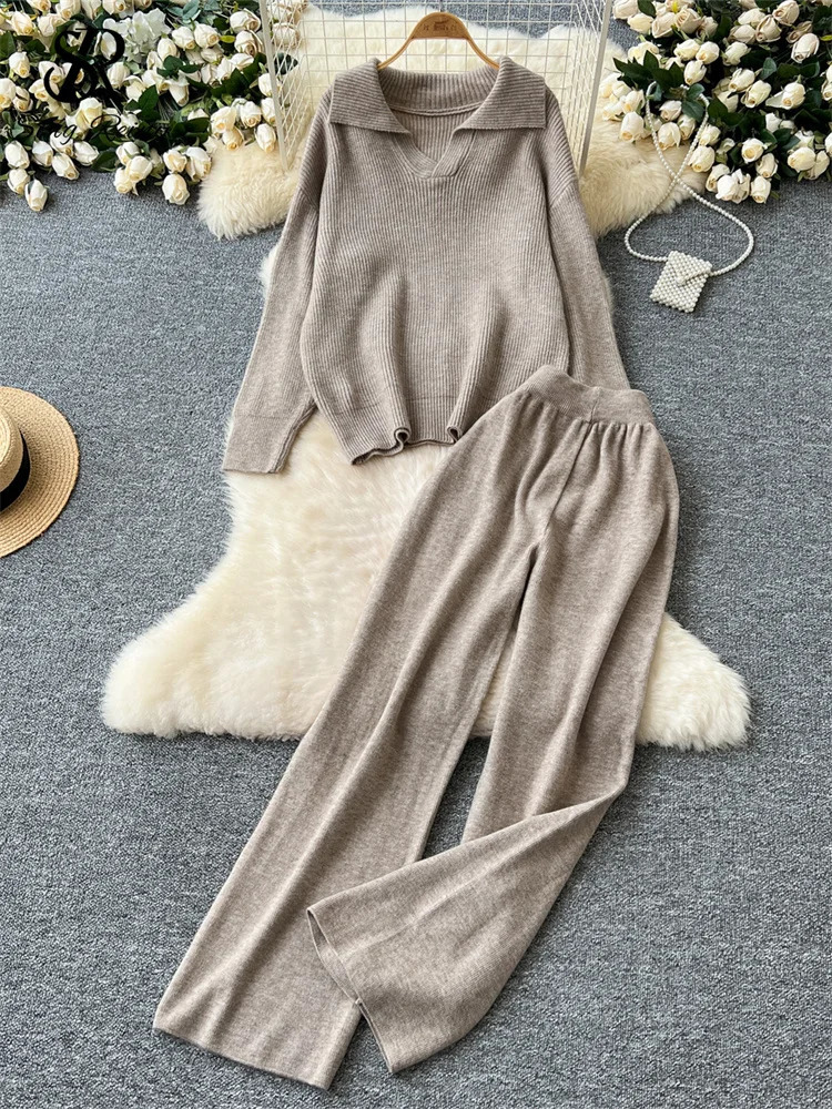 SINGREINY Autumn Casual Thick Suits Ladies Lapel Long Sleeve Loose PulloversHigh Waist Basics Wide Legs Pants Sweater 2pcs Sets 241129