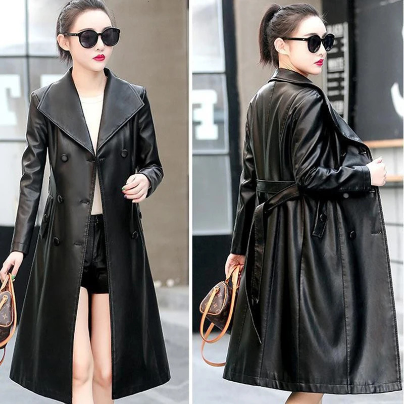 Lautaro Autumn Black Waterproof Pu Leather Trench Coat for Women Long Sleeve Belt Double Breasted Fashion 241129