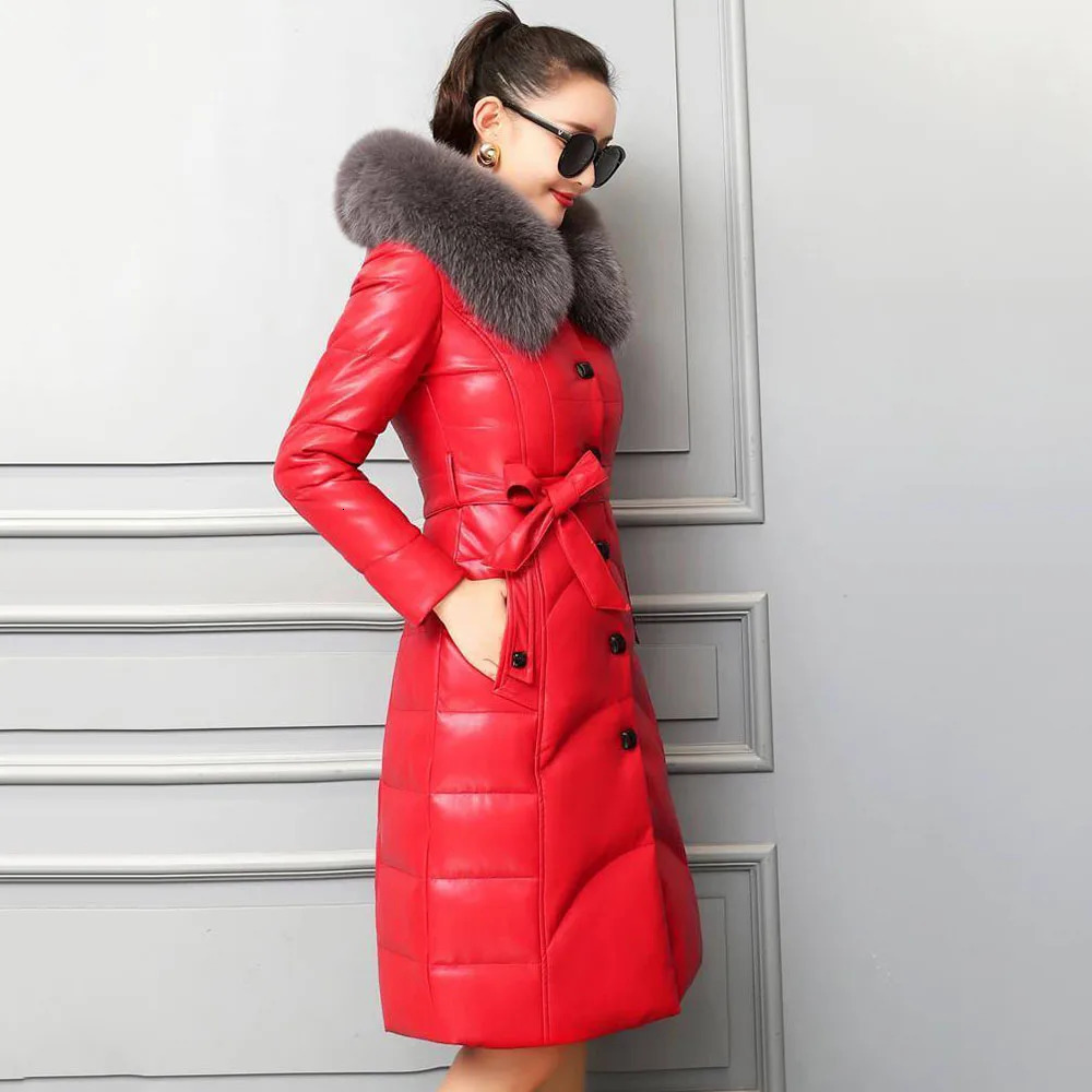 2024 Haining Leather Fashion Fur Female Collar Temperament In The Long Hooded Slim PU Warm Coat 241129