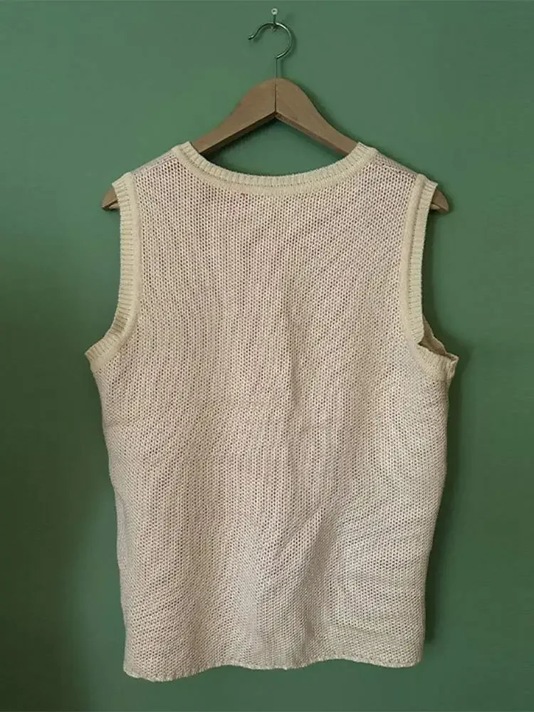 Autumn Love Hollow Out Jacquard Mens Sweater Vest Loose V Neck Sleeveless Knitted Sweaters Street Harajuku Pullover Waistcoat 241129