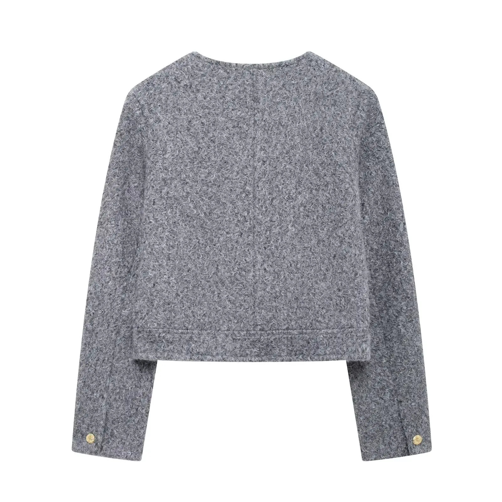 Womens Pearl Leather Round Neck Long Sleeved Short Jacket 241129