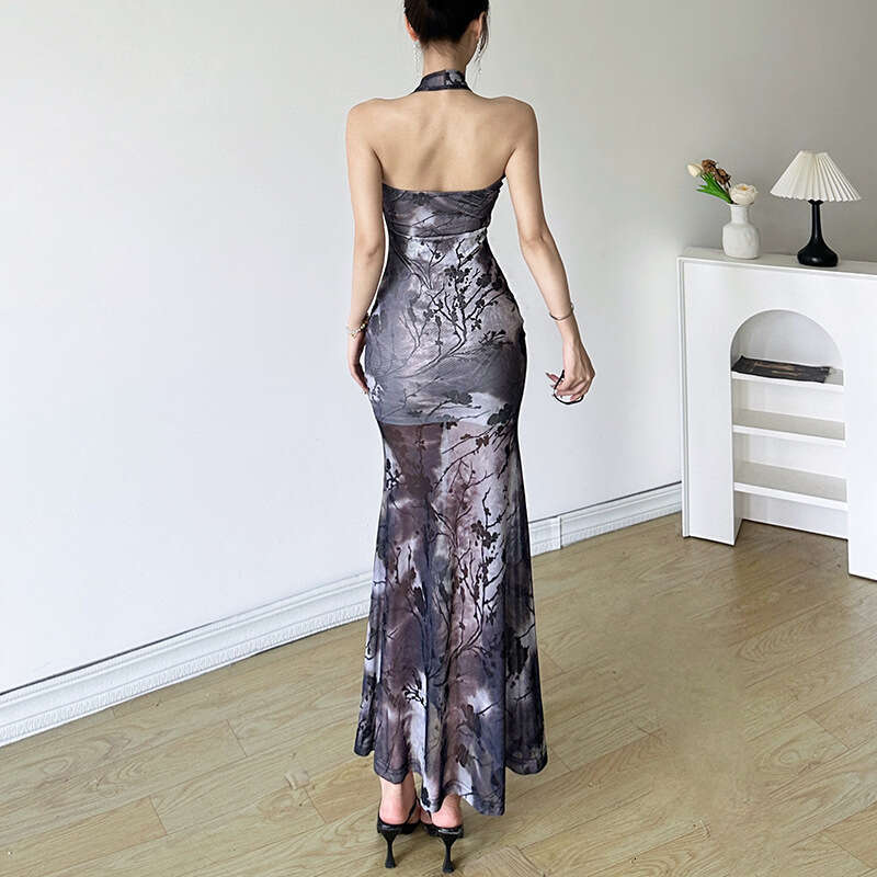 Wind 2024 summer women's clothing new Chinese ink style sleeveless slim fit bag buttocks mesh dress