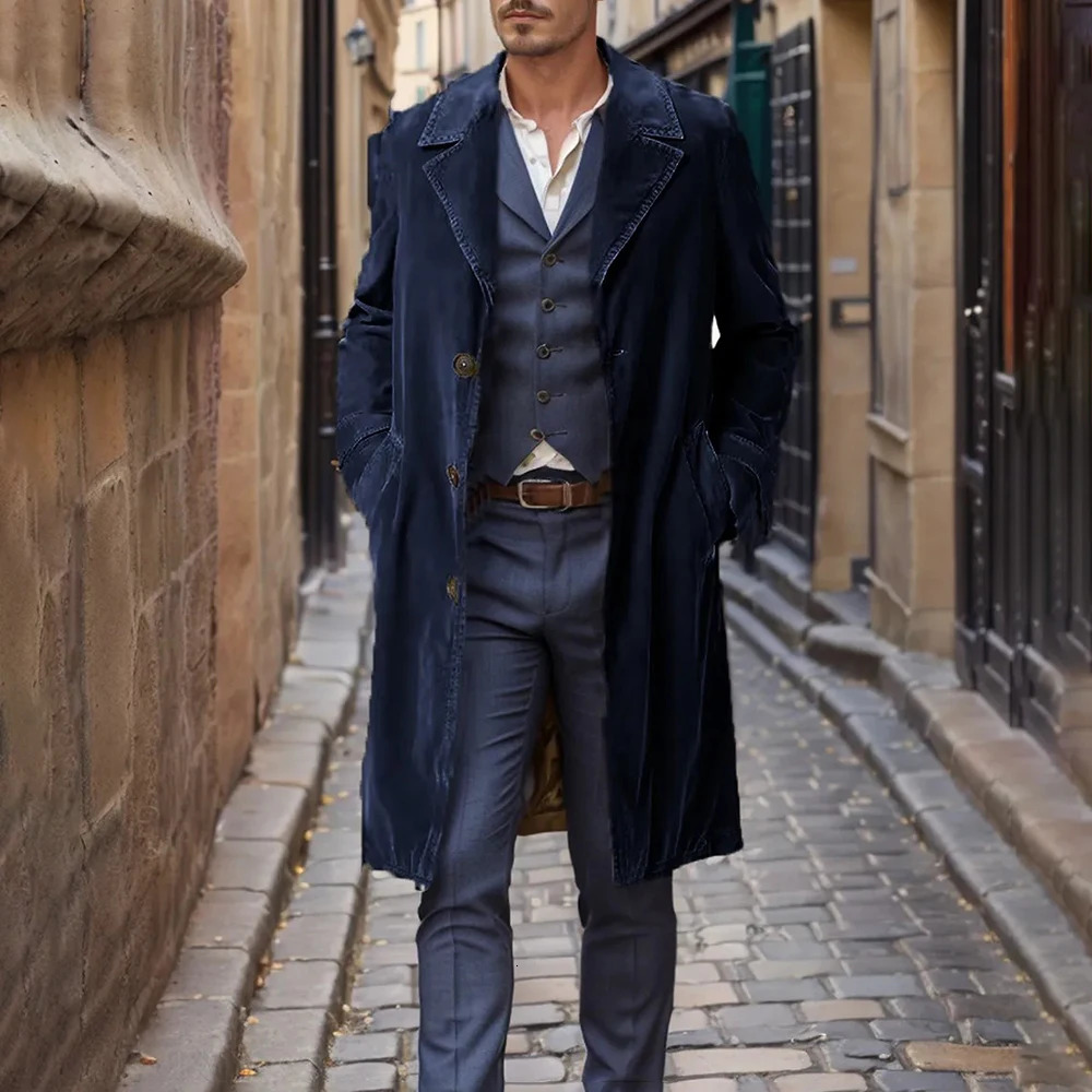 Autumn Winter Style Windbreaker MenS MidLength Corduroy SingleBreasted Suit Collar Fashion Trend Casual Simple Jacket Men 241129