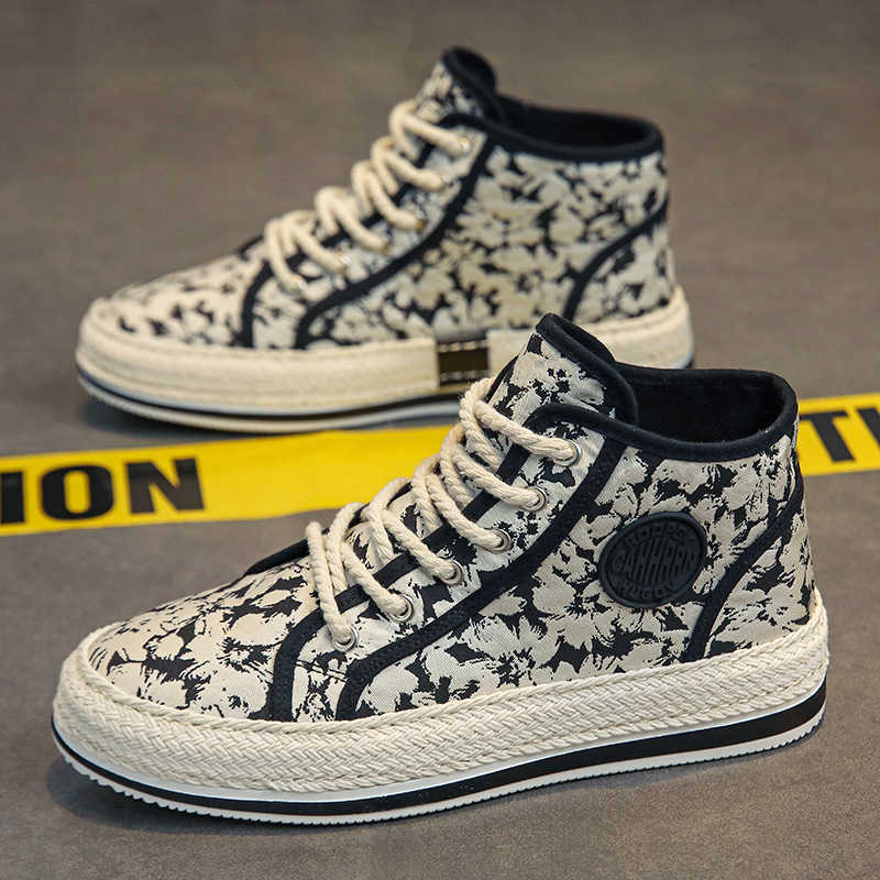 Autumn mens board shoes high top floral niche fashion trend lace up sports board shoes skateboard shoes mens shoes M241129