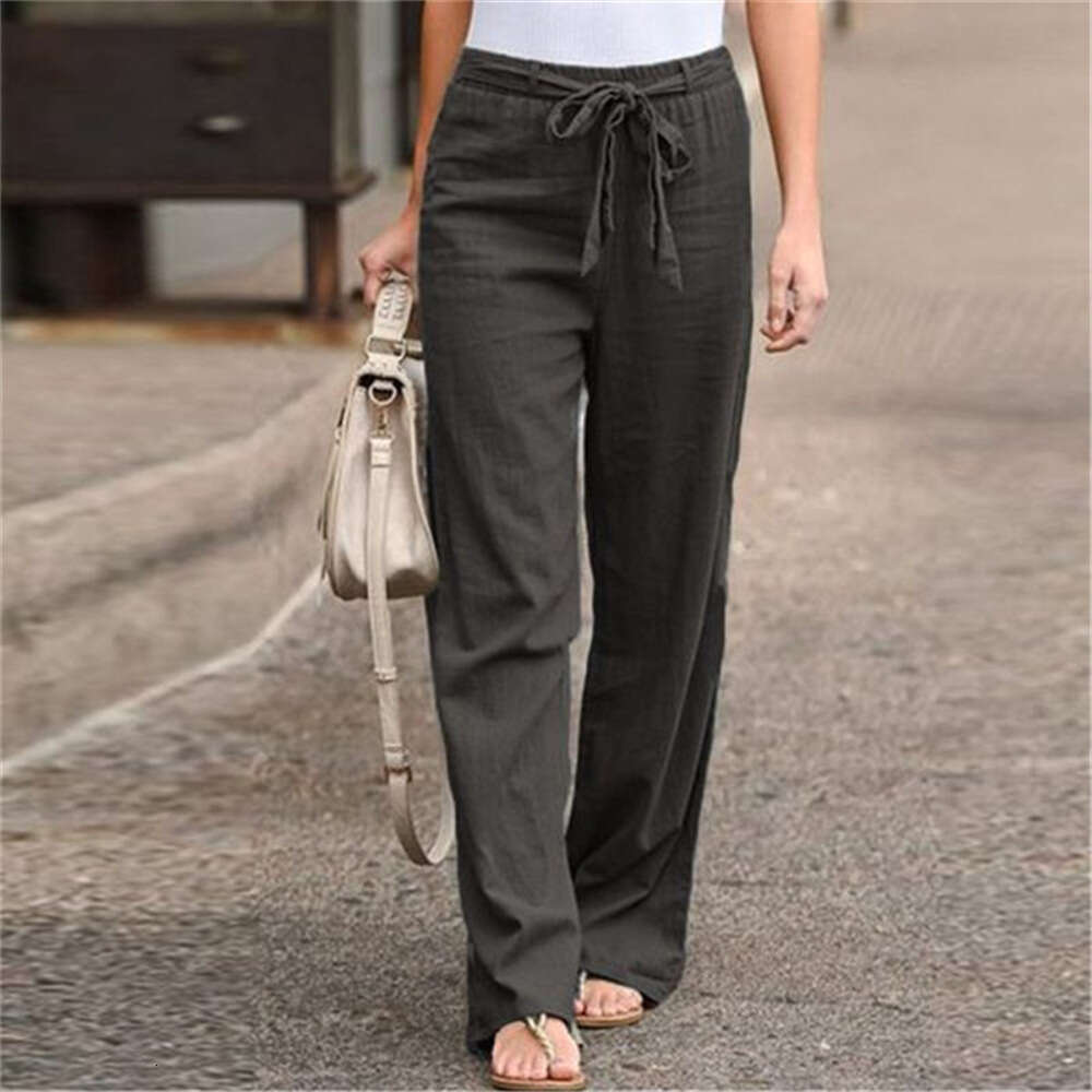 Women's Summer Elastic Waist Solid Color Cotton Hemp Leg Pants Wide Long Trendy Clothing Fashionable And Casual Temperament B4