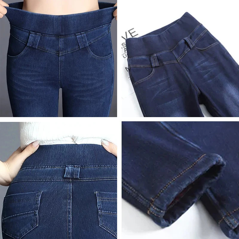High waisted tight pencil jeans mom autumn and winter thick jeans casual velvet lining Vaqueros large size 38 elastic Trouser 241122