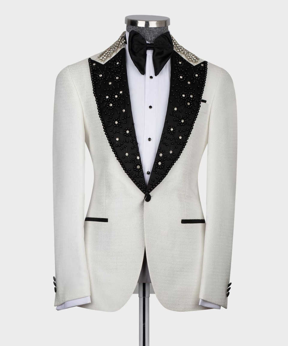 Exquisite Men Suits Rhinestone Beaded One Piece Set Coat Peaked Lapel Wedding Tuxedos One Button Business Formal Wedding Suit For Groom Custom Made