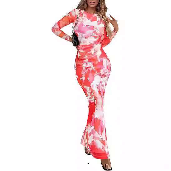 2024 Shein autumn new long sleeved ral print tight pleated sexy women's dress