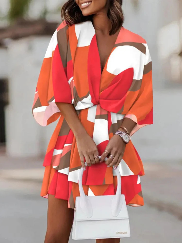 Print Women Summer Dress Half Sleeve V Neck Chic And Elegant Woman Midi Boho Beach Dress Casual Loose Knee Length Short Dresses 240415
