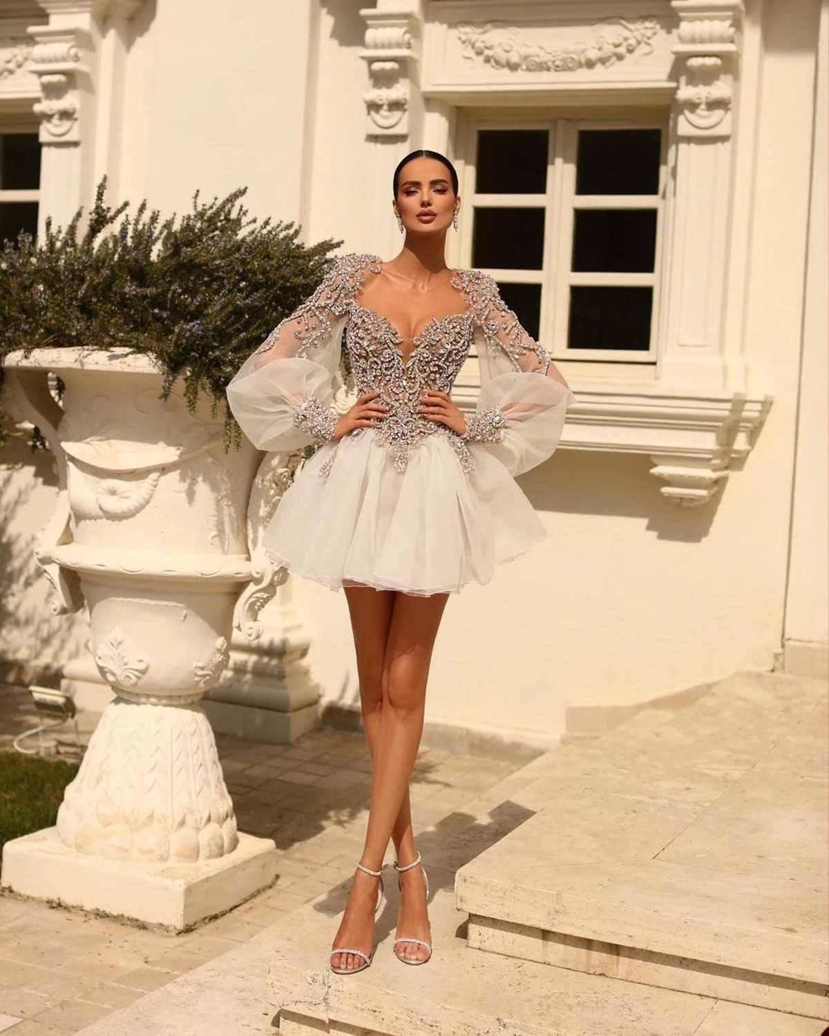 Dreamy Mermaid Prom V Neck Long Sleeve Short Capped Lace Design Applique Beaded Ribbon Celebrity Evening Dresses Plus Size Custom Made L