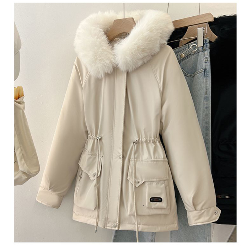 Winter Cotton Padded Hood Jacket For Thick Veet Hooded Mid Length Snow Parka Warm Big Fur Collar Outerwear Women