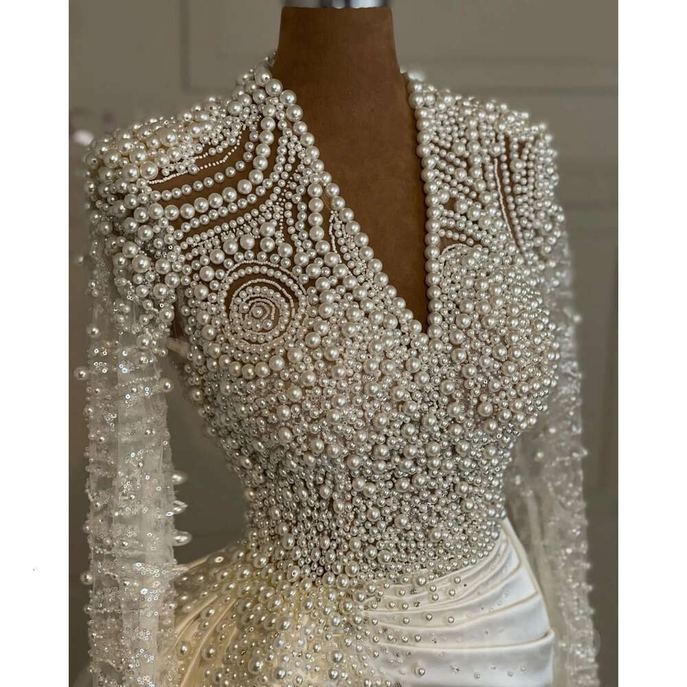 Ivory Mermaid Arabic Aso Ebi Wedding Dress Pearls Long Sleeves Satin Urious Bridal Gowns Dresses Zj Es 6660306