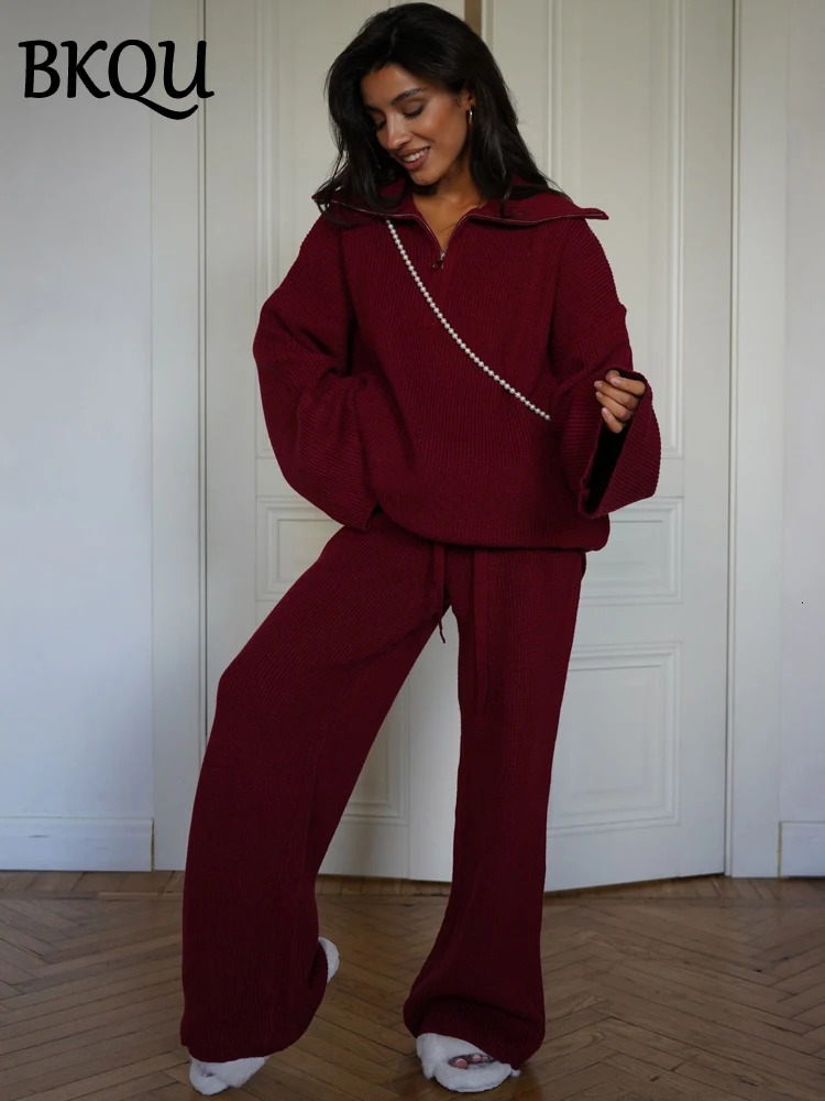 BKQU Fashion Solid Knitted Pants 2 Piece Set Women Casual Lapel Half Zip Pullover Sweater High Waist Wide Leg Ladies Suits 241129