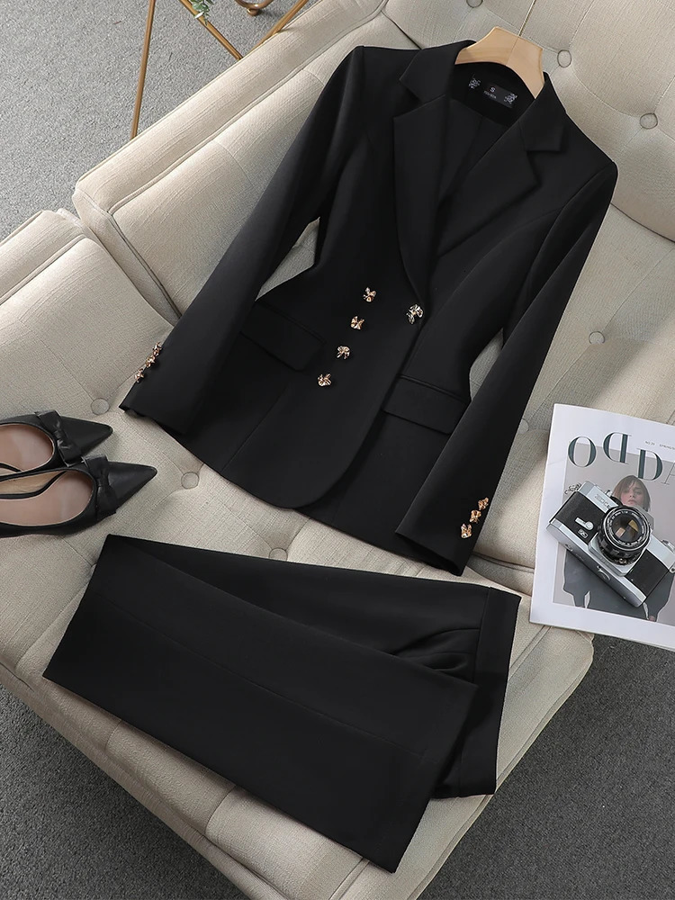 Autumn Winter Pink Black Beige Women Pant Suit 2 Piece Set Ladies Female Business Work Wear Formal Blazer Jacket And Trouser 241126