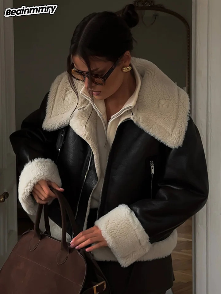 Fashion Sherpa Lining Laple Short Leather Jacket Women Warm Thick Black Pocket Zipper Coat Winter Lady Elegant Daily Outwear 241129
