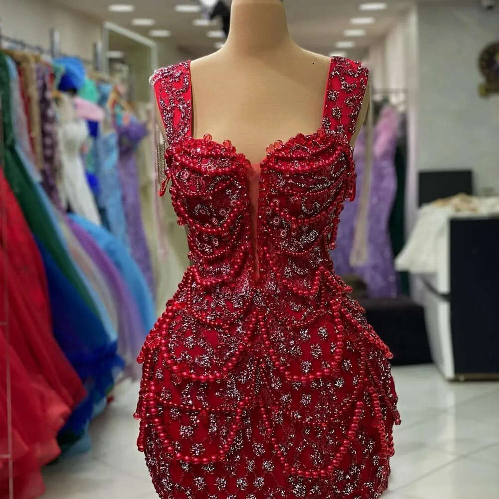 Ebi Mermaid Red Aso August Prom Dress Pearls Crystals Urious Evening Formal Party Second Reception Birthday Engagement Gowns Dresses Robe De Soiree Es