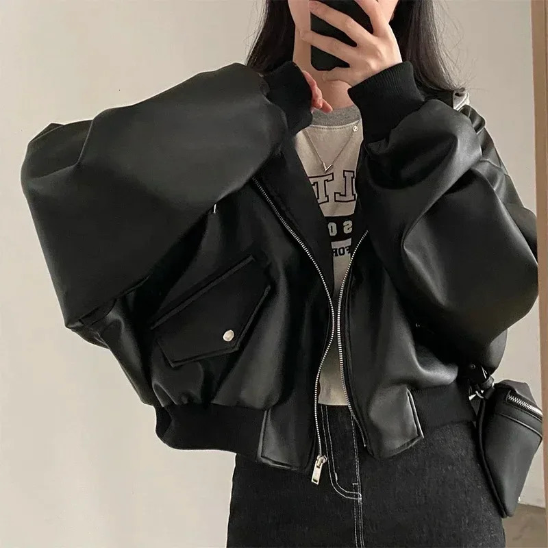 Fashion Hooded Loose Leather Jacket Faux Coats Spring Autumn Korean PU Jackets 241129