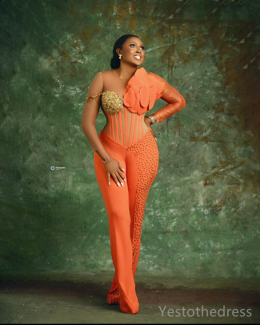 R&W Plus Size Orange Jumpsuits Promdress Prom Dresses for Special Ocns One-Piece Illusion Long Sleeves Gold Pearls Decorated Birthday Dress Reception 