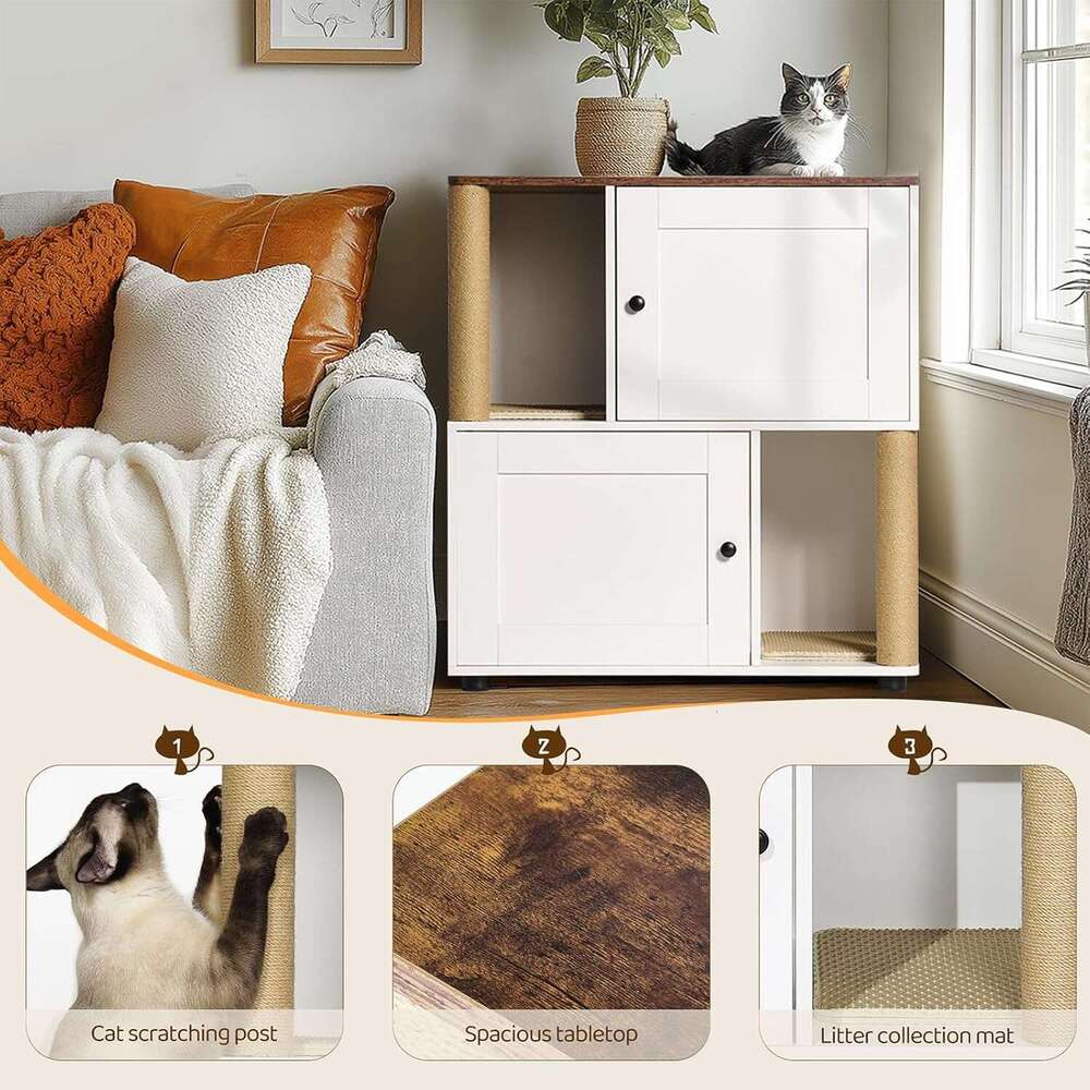 For 2 Cat, Hidden Double Encloure Furniture With Scratching Pot, Wooden Wahroom Furniture, Indoor Cat Houe End Table, Fit Mot Of Litter Box