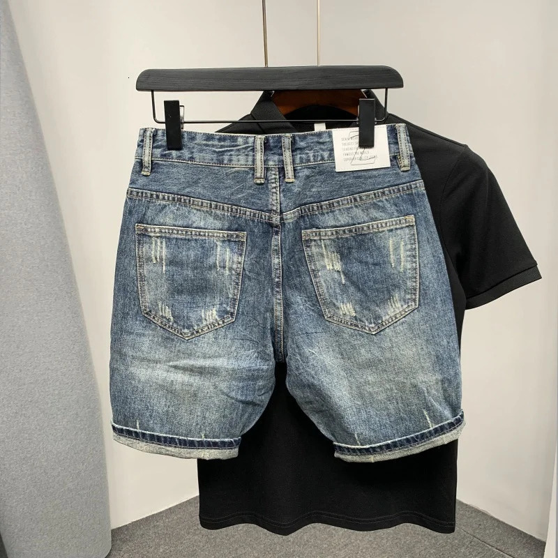 Summer Mens Scraped Worn Slim Fit Denim Shorts Fashion Personalized Wash Blue Jeans Short Pants 240428