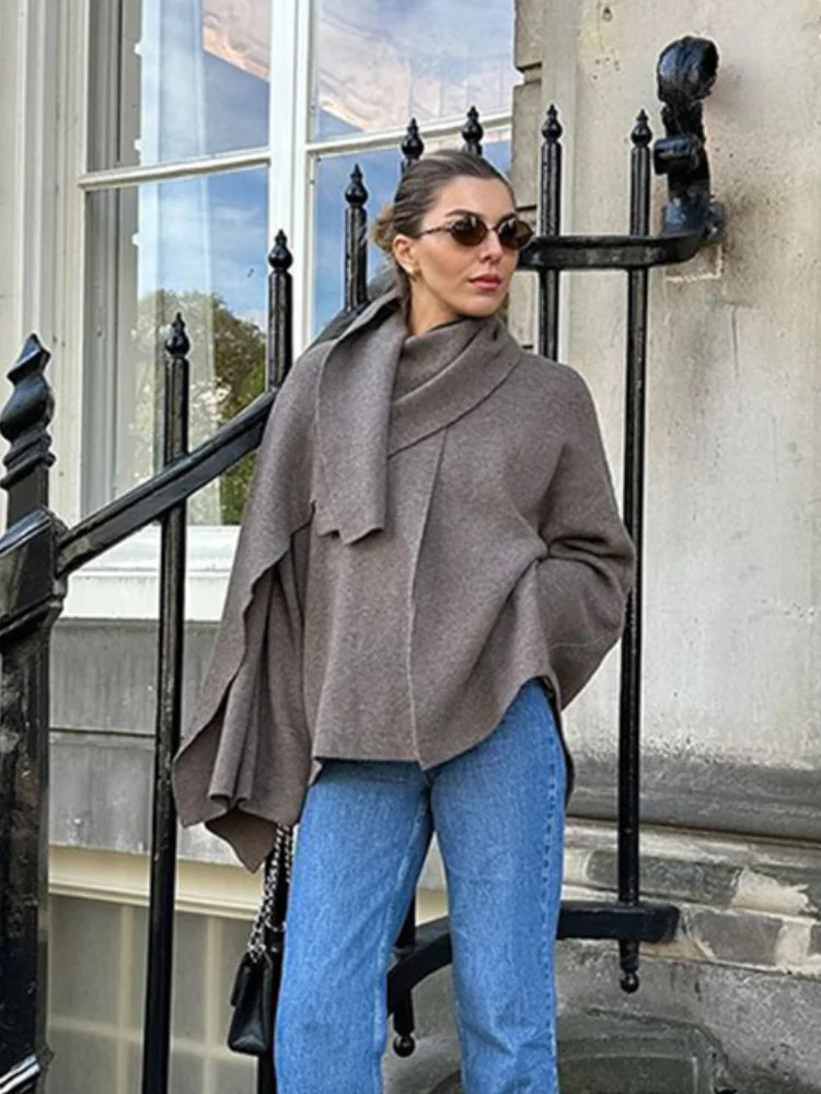 Elegant scarf collar solid long sleeved short jacket for women fashionable and warm chic jacket autumn and winter item Communicating Outerwear 241128