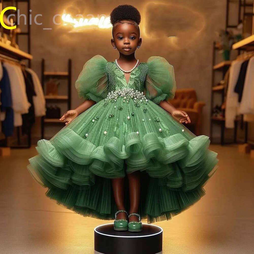 Flower Printed Royal Green Dresses Ball Gown Tulle Tiers Pearls Beaded Luxurious Little Girl Christmas Peageant Birthday Christening Tutu Dress Gowns 