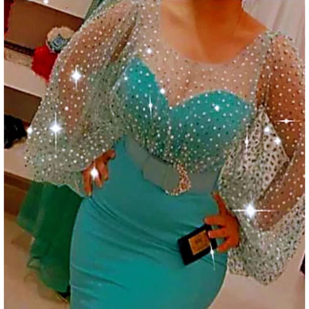 Plus Arabic Aso Size Ebi Mermaid Sexy Sparkly Prom Dresses Long Sleeves Sheer Neck Evening Formal Party Second Reception Bridesmaid Gowns Dress Zj 666