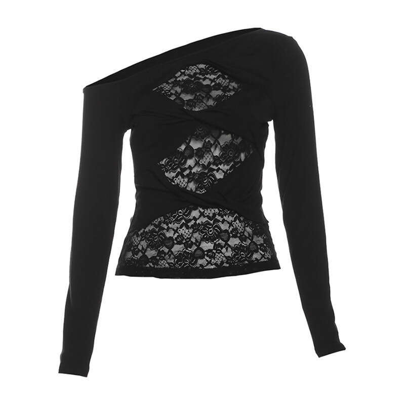 Wind 2024 Autumn New Women's Slant Collar Lace Hollow Simple Fashion Versatile Solid Color Top
