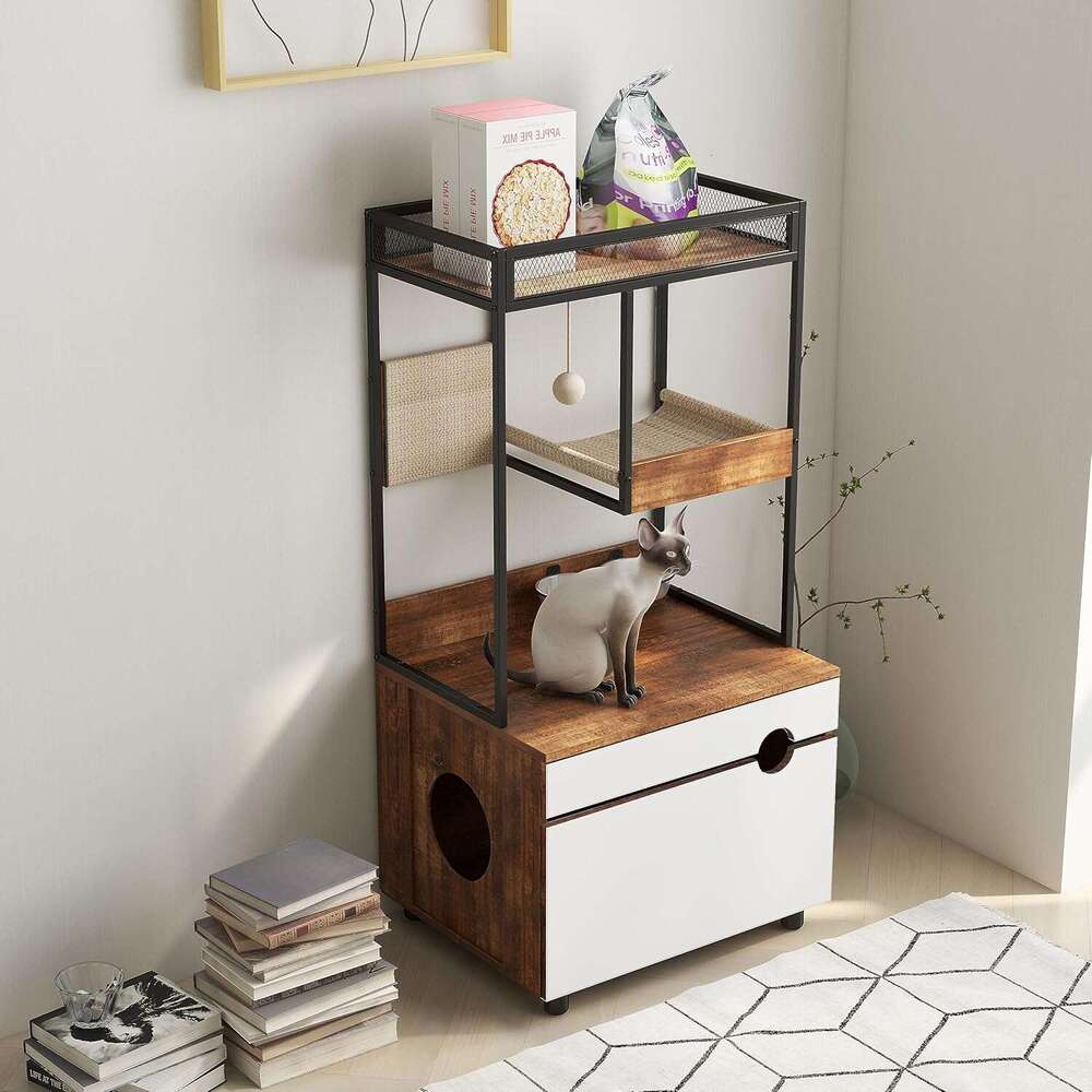 Litter Box Encloure Furniture Tree, All-In-One Modern Cat Tower With Condo, Hammock, Food Station, Scratching Mat, 48-Inch, Rutic Brown
