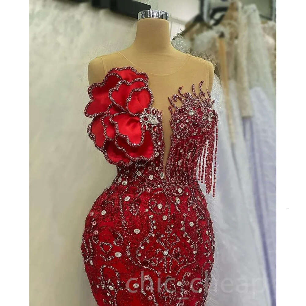 Aso Ebi Mermaid Red April Prom Dress Beaded Crystals Sexy Evening Formal Party Second Reception Birthday Engagement Gowns Dresses Robe De Soiree Zj Es