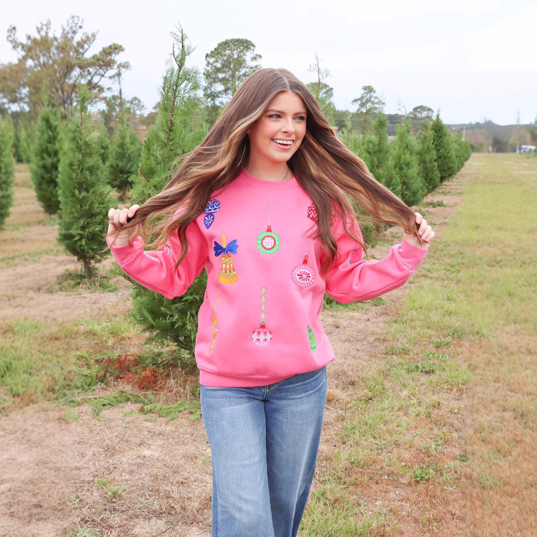 Autumn and Winter New Christmas Lantern Embroidered Loose Top Casual Long Sleeve Round Neck Hoodie