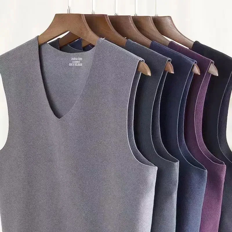 Mens autumn underwear velvet padded vest mens sleeveless top V-neck bottom shirt solid ultra-thin underwear 241122