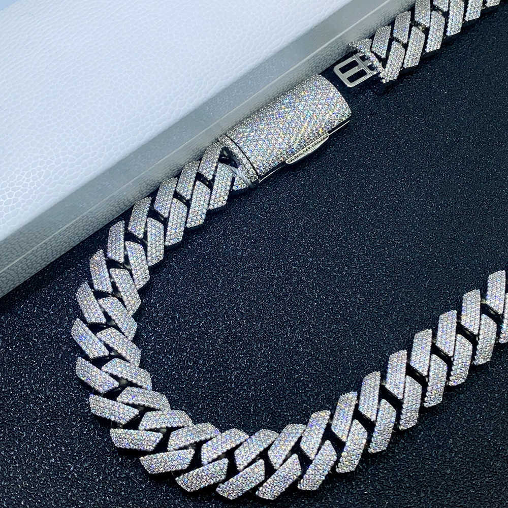 New 15mm sier inlaid four rows of moissanite mens Cuban chain necklace bracelet