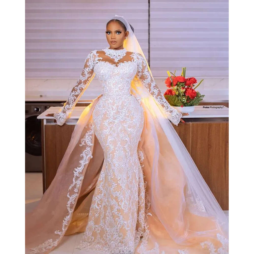 Arabic Aso Plus Oct Ebi Size Champagne Mermaid Wedding Dress Lace Detachable Train Bridal Gowns Dresses Zj Es