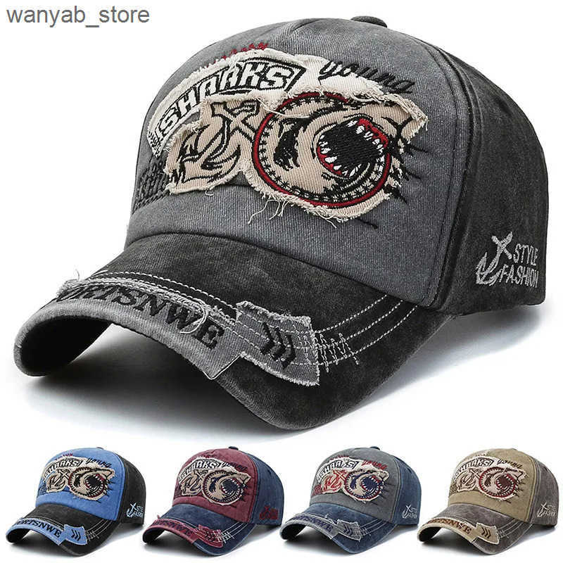 Ball Caps Retro shark embroidery baseball cap bone solid animal cartoon mens cotton elastic hip-hop street clothing sun hat L240910