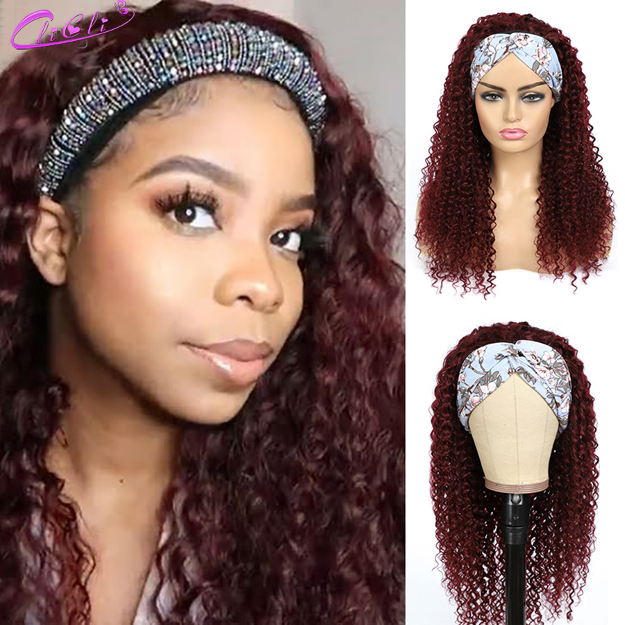 Ombre Blonde Headband Human Hair 1B/Bury 99J Brown Highlight Headbands Brazilian Deep Curly Ponytail Scarf Wig
