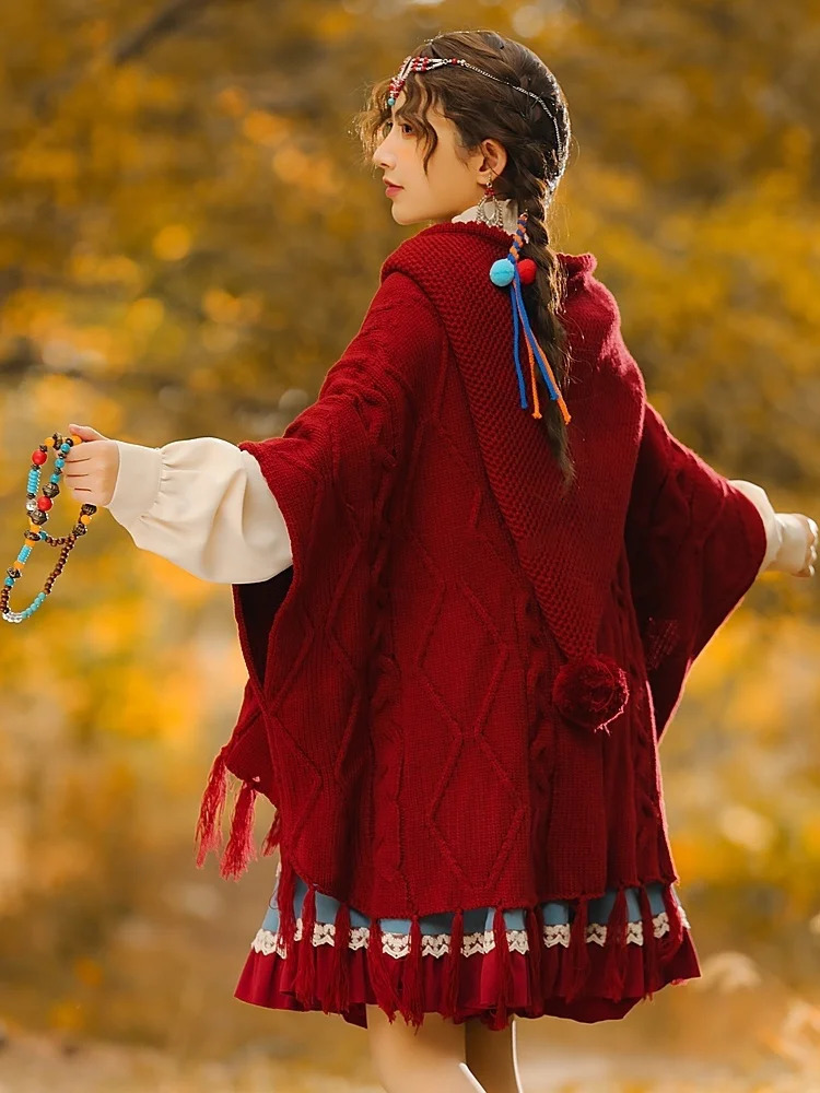 Hikigawa Autumn/Winter Retro Red Knitted Shawl Coat Womens Hooded Tassel Open cardigan Top Unprinted Good Product 241128