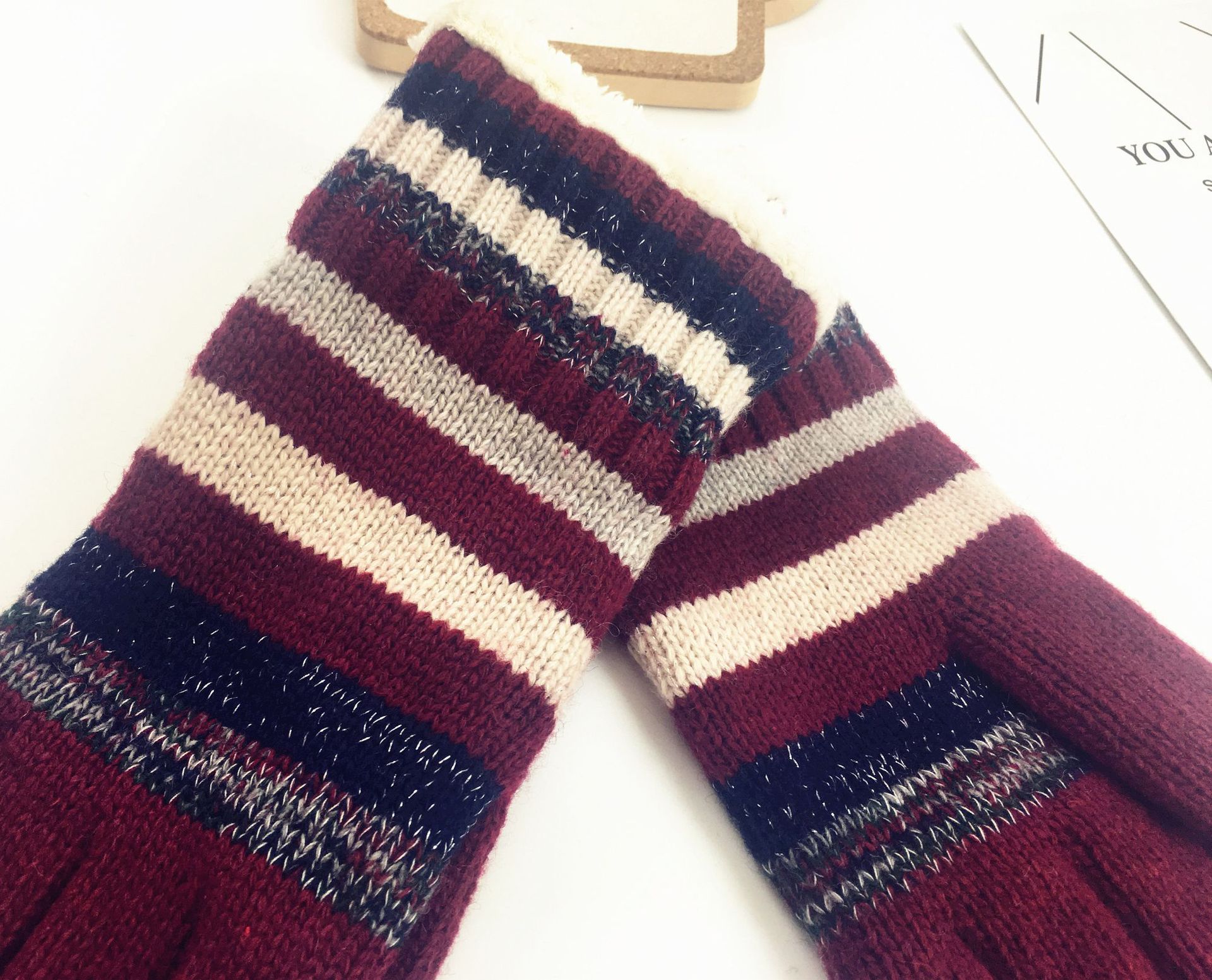 Winter gloves knitted wool gloves men's and women's thick double-layer warm woolen striped anti cold gloves wholesale