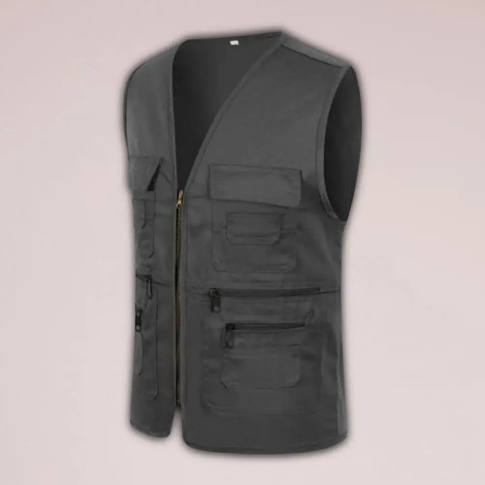 Men Vest JacketMultiple Pockets Zipper Sleeveless Fishing Waistcoat Camping Work Clothes V Neck Outdoor Volunteer 241129
