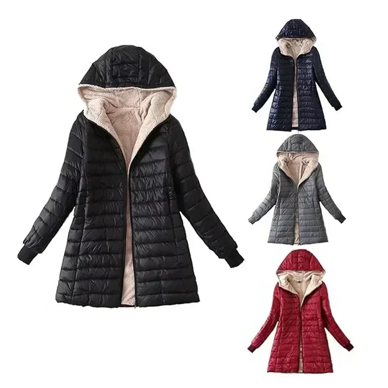 Women Winter Warm Lined Quilted Jacket Fuzzy Fleece Lightweight Zip Long Sleeve Hooded Coat with Pocket Fashion Coats Outwear 241129