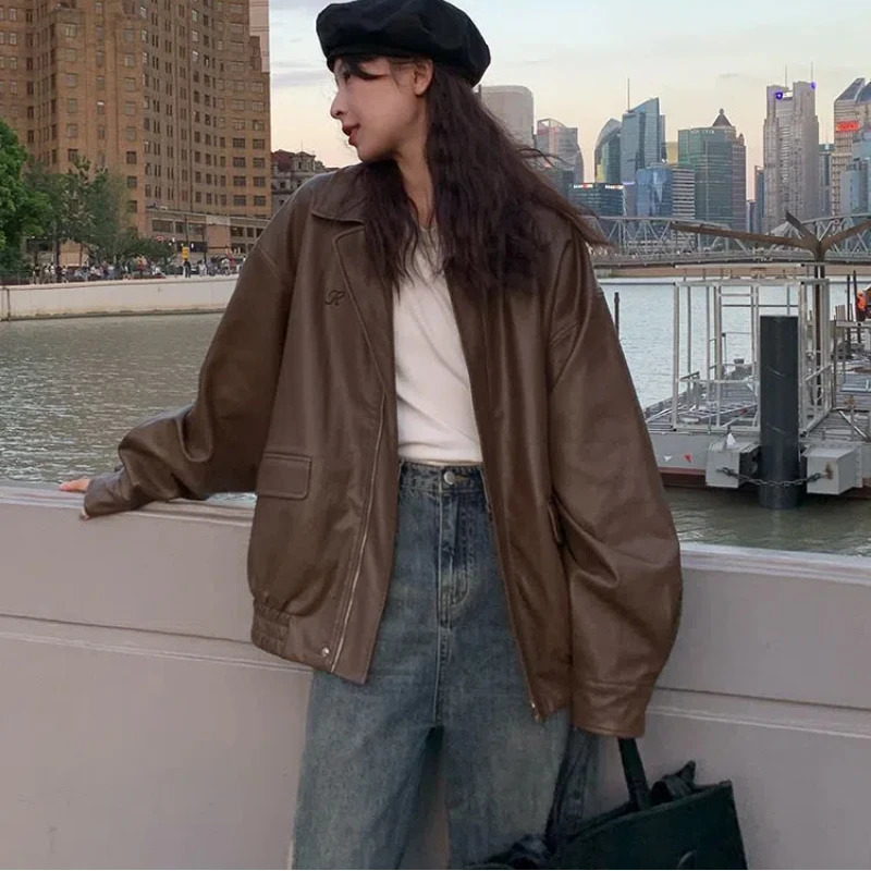 Spring Autumn Solid Color Turndown Collar Long Sleeve Leather Clothing Women High Street Zipper Patchwork Button Cardigan 241129